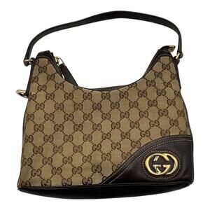 Gucci GG Monogram Britt Canvas Leather Hand Shoulder Hobo Bag Beige